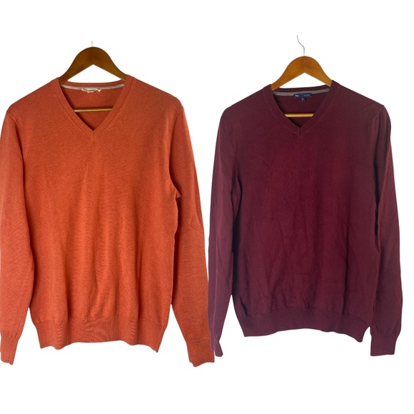 Lot 2 GAP Knit Cotton V-Neck Sweater in Size M Orange Heather and Burgundy - Picture 1 of 9